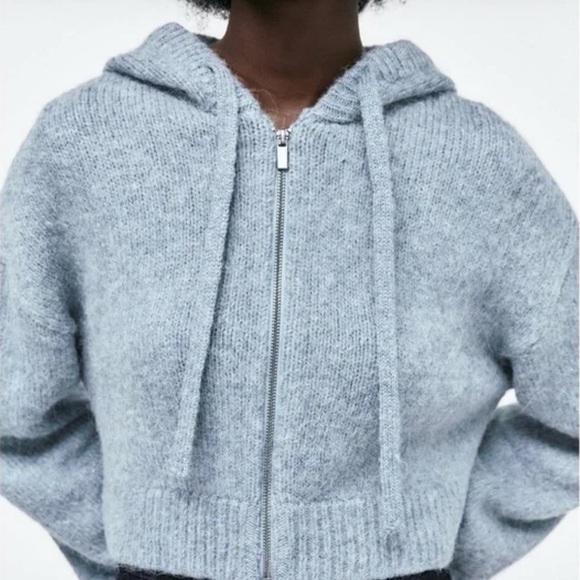 Zara Knit Zip Up Sweater Heathered Blue Alpaca Wool Blend Cropped Hooded Sz M L - Picture 1 of 16